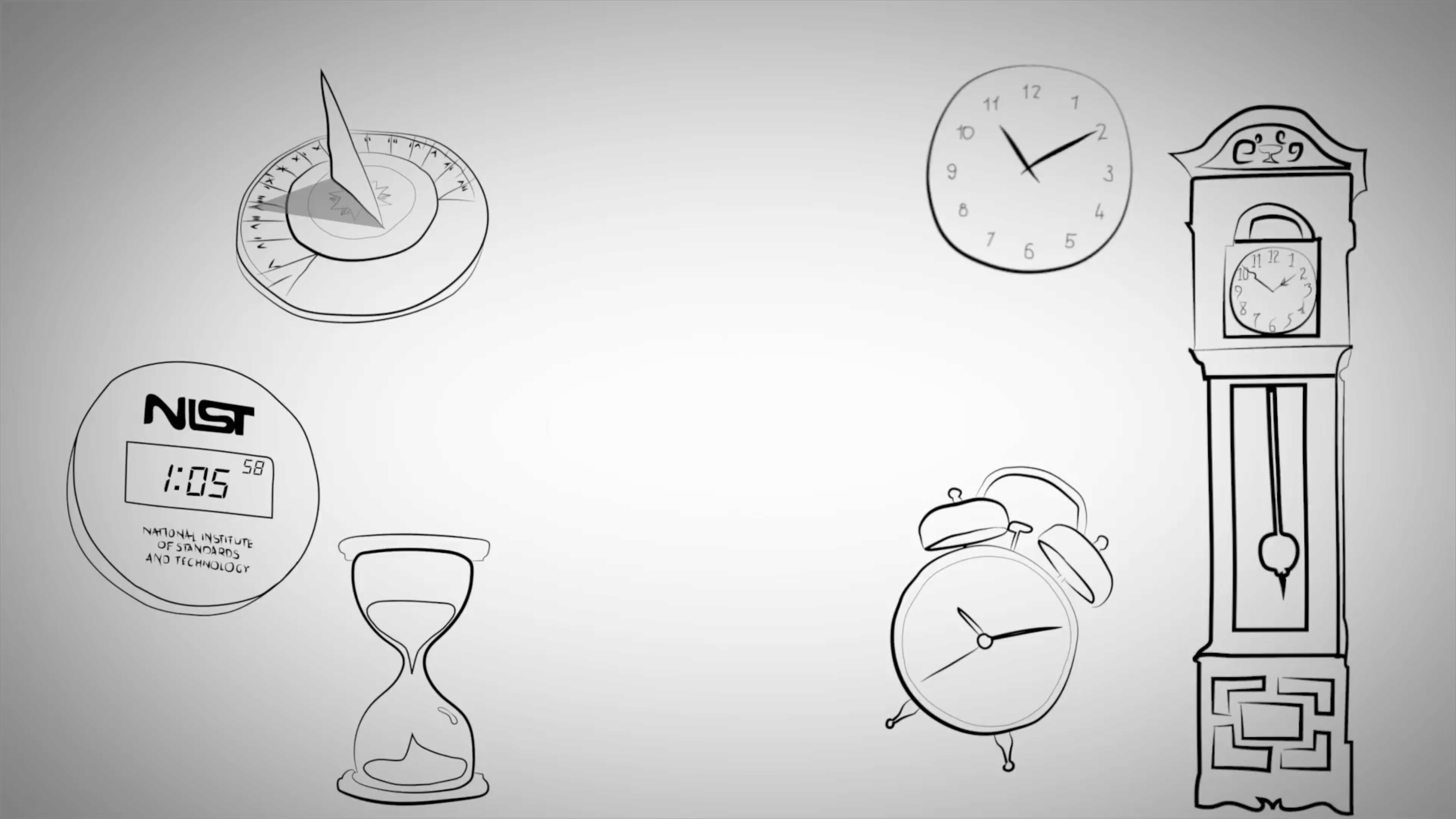 The word "TIME" appears and grows larger among line drawings of various types of clocks. 