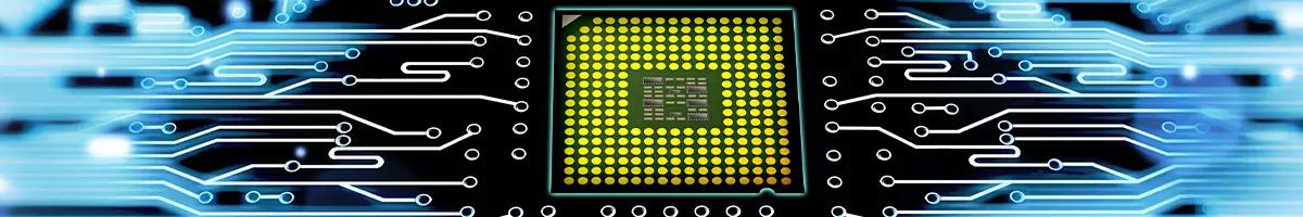 yellow-green circuit board in the middle of a background that looks like circuit lines, blue on black 